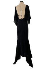 Fall 1993 Chanel by Karl Lagerfeld Black Silk Chiffon Dress w Flutter Sleeves & Low Open Back