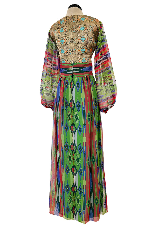 Exceptional Early 1970s Thea Porter Book Documented Faye Dress in Ikat SIlk Chiffon & Brocade