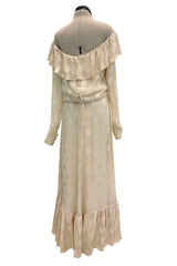 Amazing Fall 1973 Yves Saint Laurent Haute Couture Runway Off Shoulder Ivory Dress w Hand Applied Dots
