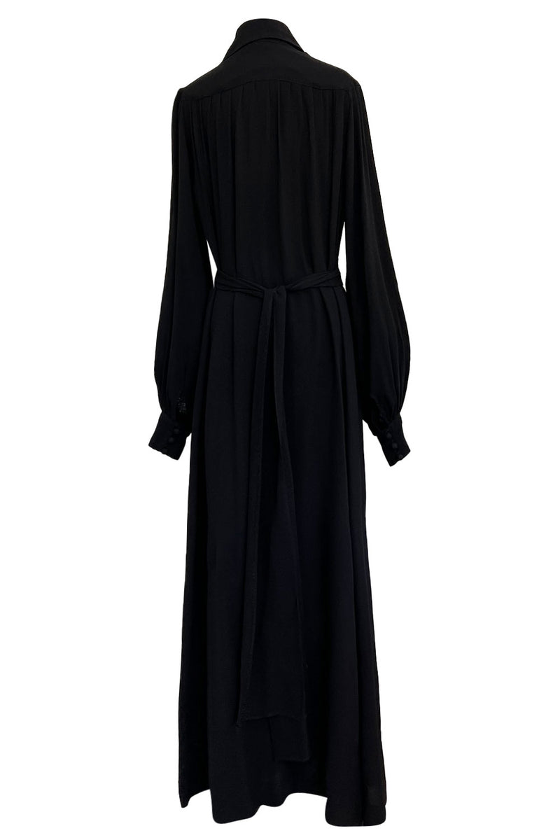 1969 Ossie Clark Bishop Sleeve Black Moss Crepe Dress w Button Front & Shrimpton Couture 1969 Ossie Clark Bishop Sleeve Black Moss Crepe Dress w Button Front & Shrimpton Couture