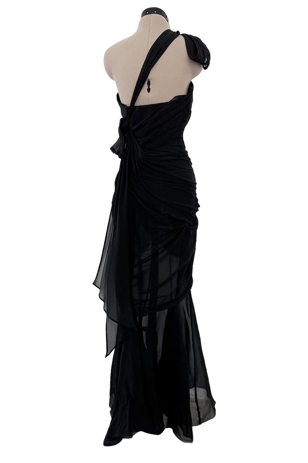 Incredible 1980s Thierry Mugler Black Silk Chiffon Inner Corset Silk Chiffon Dress