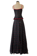 Fantastic 1970s Stavropoulos Wrap Skirt and Top Set w Embroidered Red Dots & Metallic Thread Pattern