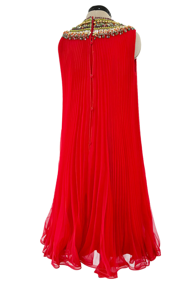 Prettiest Unlabeled 1960s Red Pleated Chiffon Dress w Densely Beaded & Sequin Bib Collar