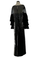 Beautiful 1980s Louis Feraud Glossy Black Sequin Silk Chiffon Dress w Tiered & Ruffled Sleeves