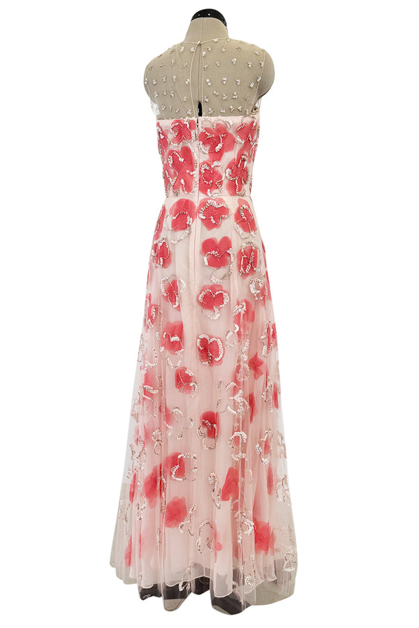 Dreamy 2000s Oscar de la Renta Pink Net & Floral Silk Dress w Bead & Flower Sequin Detailing