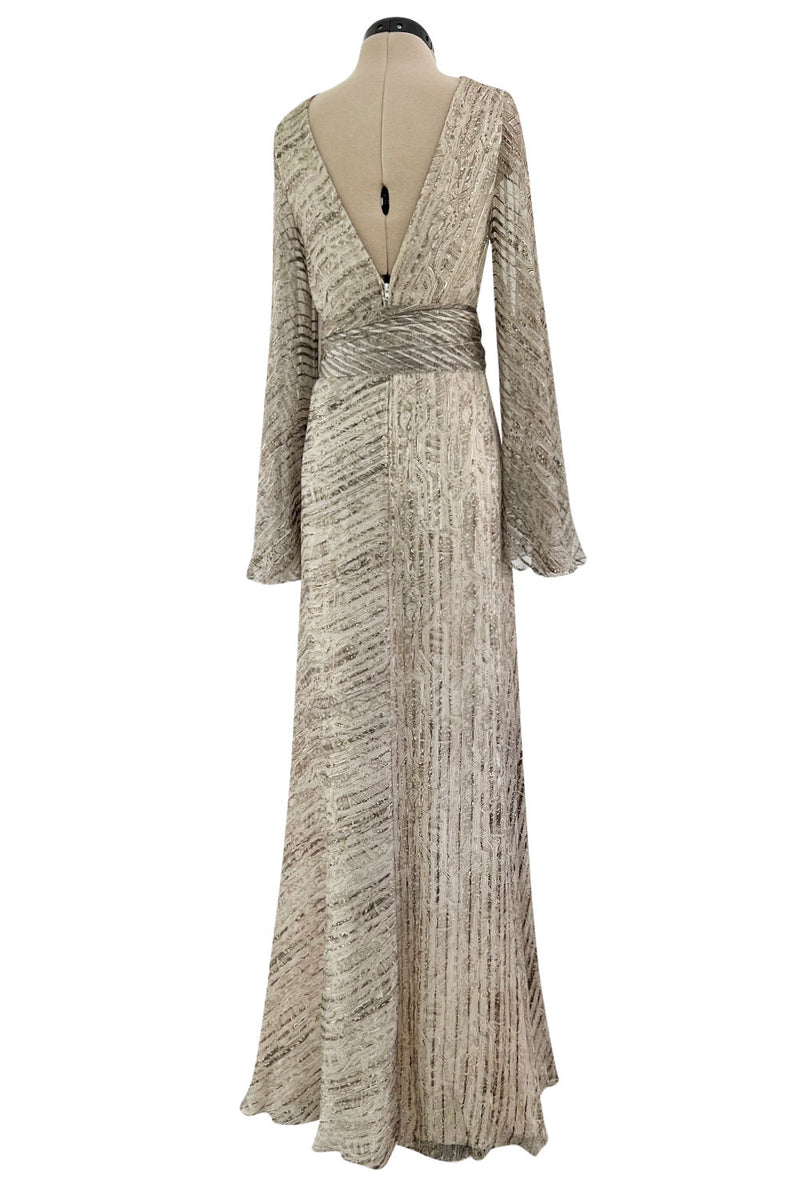 Exceptional 1970s George Stavropoulos Couture Bias Cut Grey Ribbon Silk Chiffon Dress w Sash