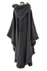 Phenomenal Fall 1977 Yves Saint Laurent Runway Deep Charcoal Grey Fringed Cape w Hood