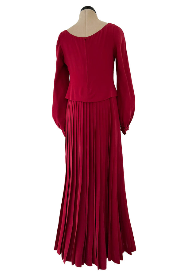 Minimalist 1970s Pierre Balmain Numbered Haute Couture Rich Red Silk Dress w Knife Pleat Detailing