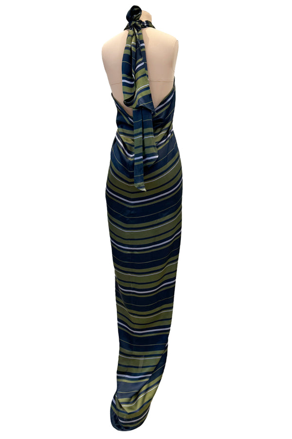 Gorgeous 2014 Lanvin by Alber Elbaz Deep Green & Navy Silk Striped Sarong Dress w Tie Halter