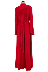Amazing 1970 Ossie Clark 'Graduation' Deep Front Plunge Maxi Dress in a Red Moss Crepe