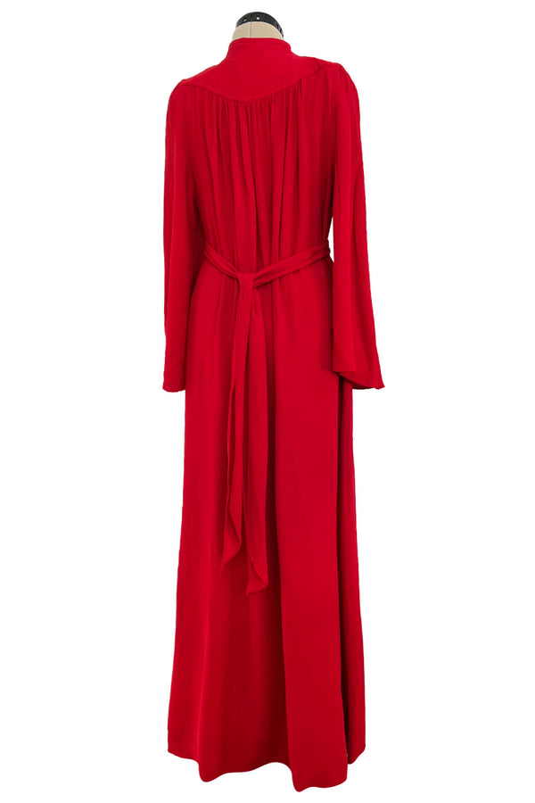 Amazing 1970 Ossie Clark 'Graduation' Deep Front Plunge Maxi Dress in a Red Moss Crepe