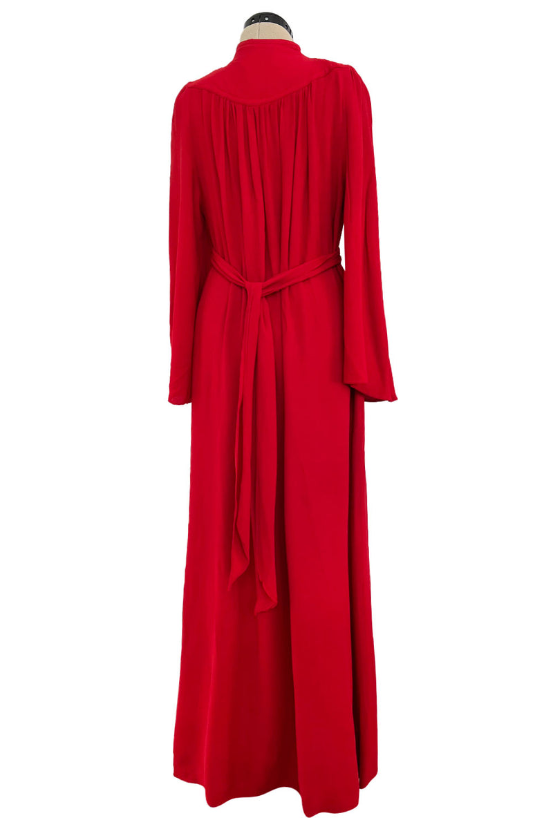 Amazing 1970 Ossie Clark 'Graduation' Deep Front Plunge Maxi Dress in a Red Moss Crepe
