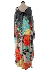 1970s Hanae Mori Silk Twill & Chiffon Caped Overlay Caftan Dress