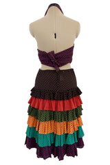 Prettiest Spring 1971 Yves Saint Laurent Documented Dotted Ruffle Skirt & Tie Halter Top Set