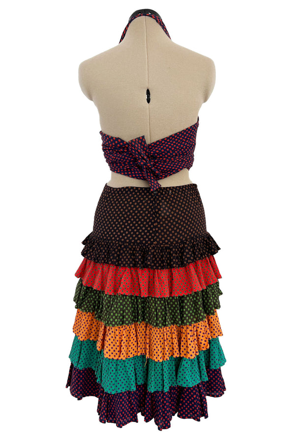 Prettiest Spring 1971 Yves Saint Laurent Documented Dotted Ruffle Skirt & Tie Halter Top Set