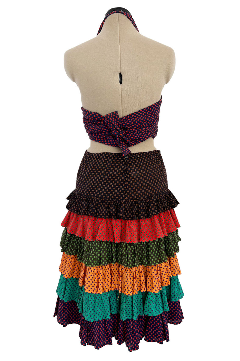 Prettiest Spring 1971 Yves Saint Laurent Documented Dotted Ruffle Skirt & Tie Halter Top Set