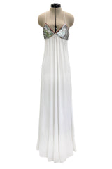 Late 1970s Ossie Clark White Jersey w Silver & Bronze Sequin Halter Dress w Matching Jacket