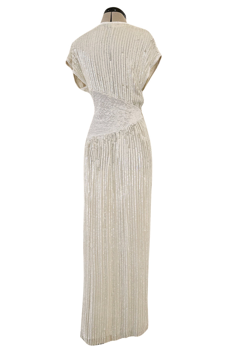 Prettiest 1970s Lillie Rubin Ivory Fully Sequinned & Applied Tube Beads on Silk Chiffon Dress