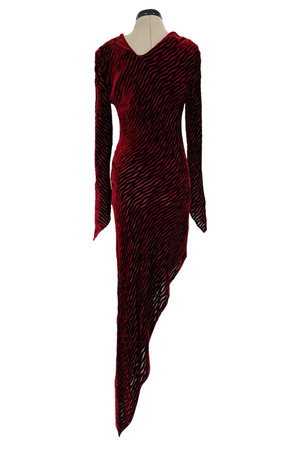 Fantastic Fall 1994 Karl Lagerfeld Runway Deep Red Cut Velvet Bias Cut Dress w Angled Hem