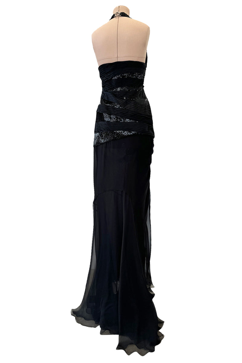 Versace Fall 2006 Black Silk & Sequin Plunge Dress - 14-14.5" W