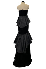 Exceptional Fall 2005 Original Valentino Runway Look 82 Black Velvet Dress w Bows, Silk Tiers & Pink Detailing