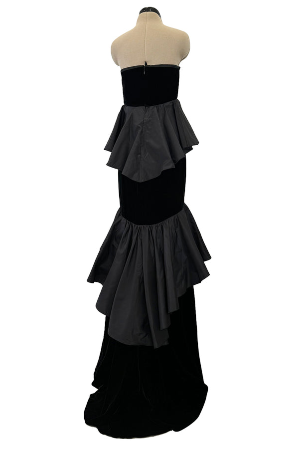 Exceptional Fall 2005 Original Valentino Runway Look 82 Black Velvet Dress w Bows, Silk Tiers & Pink Detailing