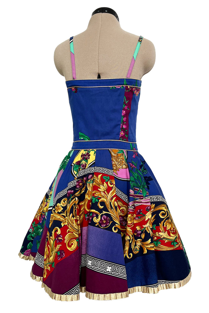 Iconic Spring 1992 Versace by Gianni Versace Jeans Couture Floral Print Full Skirt Halter Mini Dress