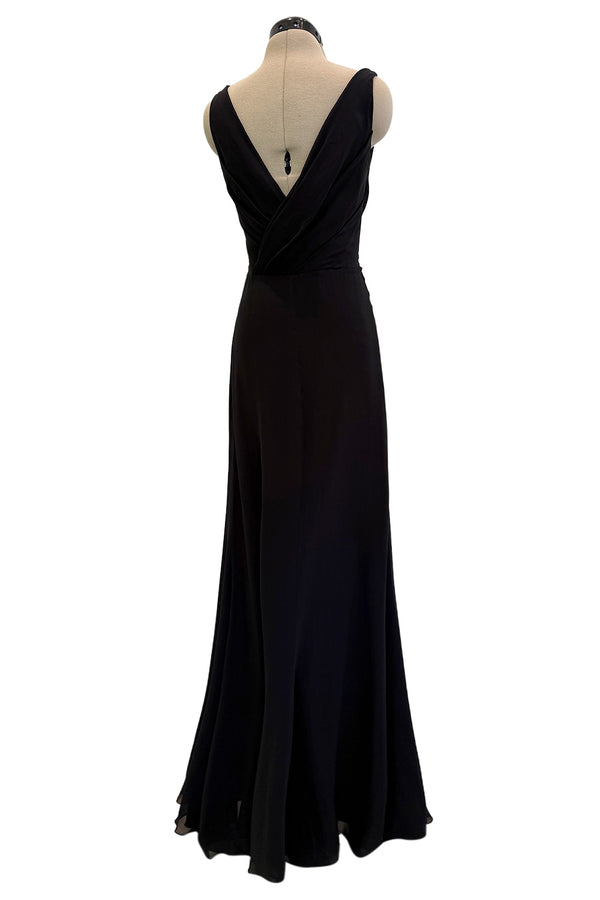 Beautiful 2000s Valentino Roma Black Bias Cut Silk Chiffon Dress w Front & Back Plunge & Silver Sequin Bow