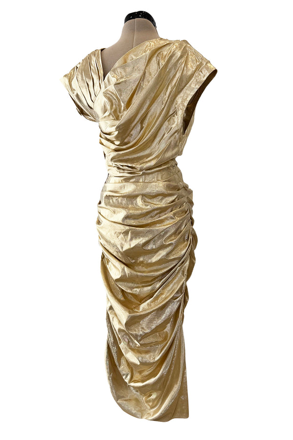 Museum Held 1986 Thierry Mugler Gold Feather Light Lame Dress w Gathered Sides
