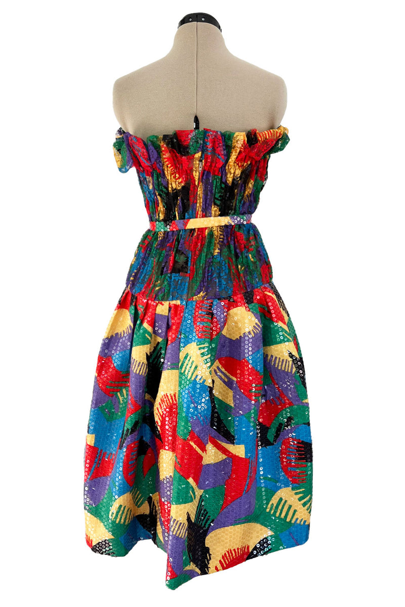 Incredible 1980s Arnold Scaasi Couture Brilliant Multi Colour Net & Vivid Sequin Covered Dress