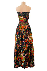 Wonderful c.1974 Yves Saint Laurent Brilliant Floral Print Strapless Cotton Dress w Top Stitched Gathers