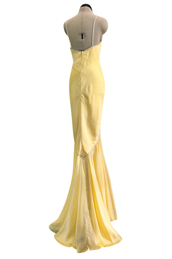 Prettiest 1980s Bob Mackie Pale Pastel Yellow Chiffon Dress w Draped Neckline & Flowing Skirt