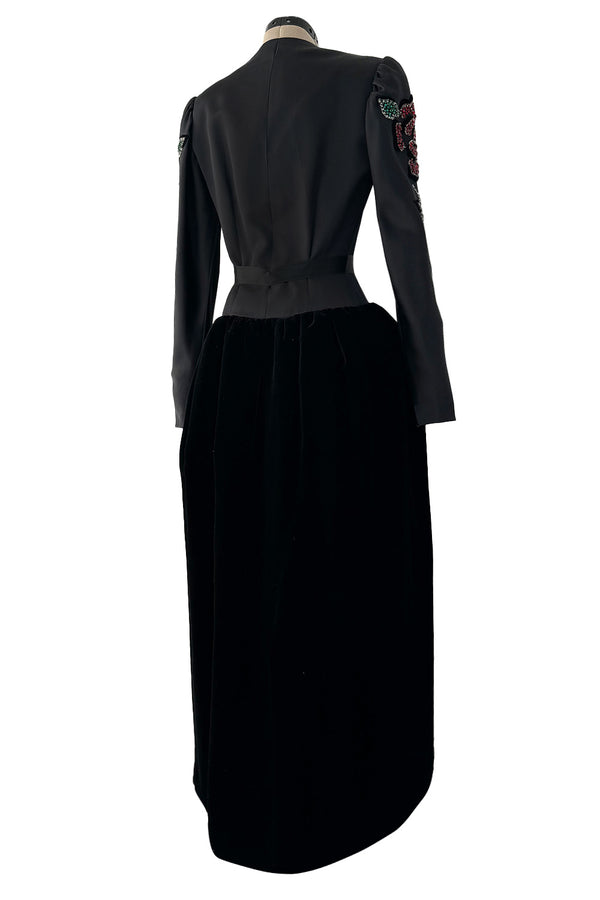 Fall 1978 Givenchy Haute Couture Original Runway Sample Black Silk & Velvet Dress w Beaded Sleeves