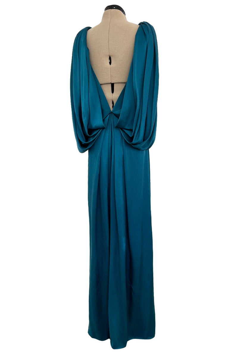 Amazing 1980s Bill Blass Bias Cut Deep Teal Silk Dress w Bead Detailing & Draped Low Back
