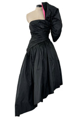 Striking 1980s Arnold Scaasi Couture Black Silk Strapless Dress w Pink Lined Half Bow & Shawl
