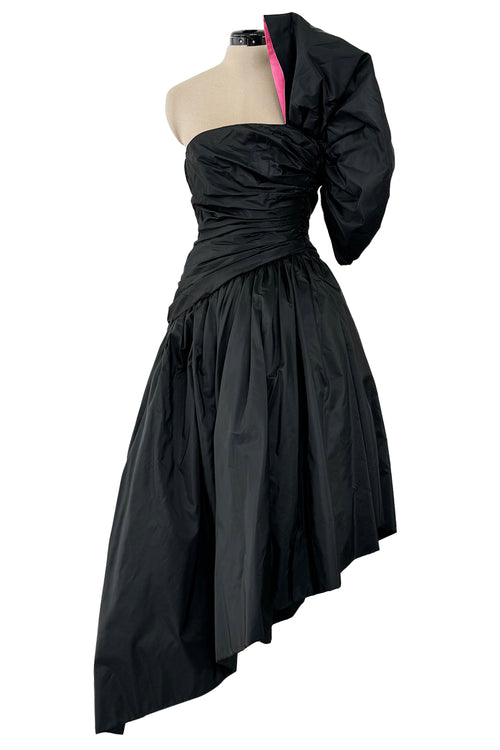 Striking 1980s Arnold Scaasi Couture Black Silk Strapless Dress w Pink Lined Half Bow & Shawl