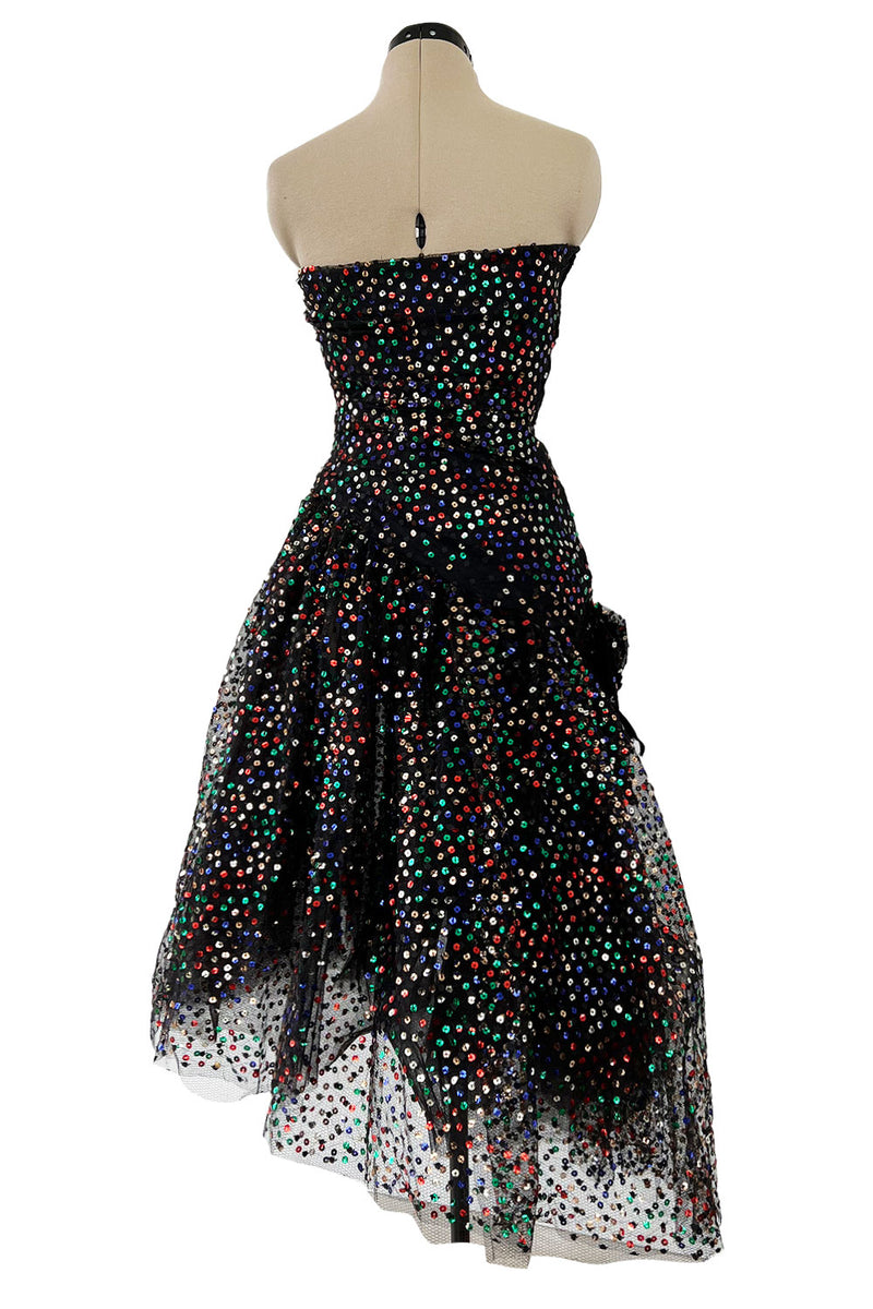 Gorgeous 1980s Arnold Scaasi Black Net Dress w Multi Colour Sequins & Asymmetrical Skirt