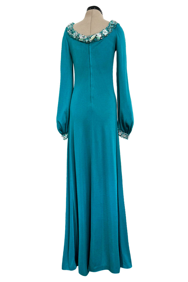 Spring 1971 Loris Azzaro Turquoise Silk Jersey Dress w Dense Bead & Pailettes Embellishments
