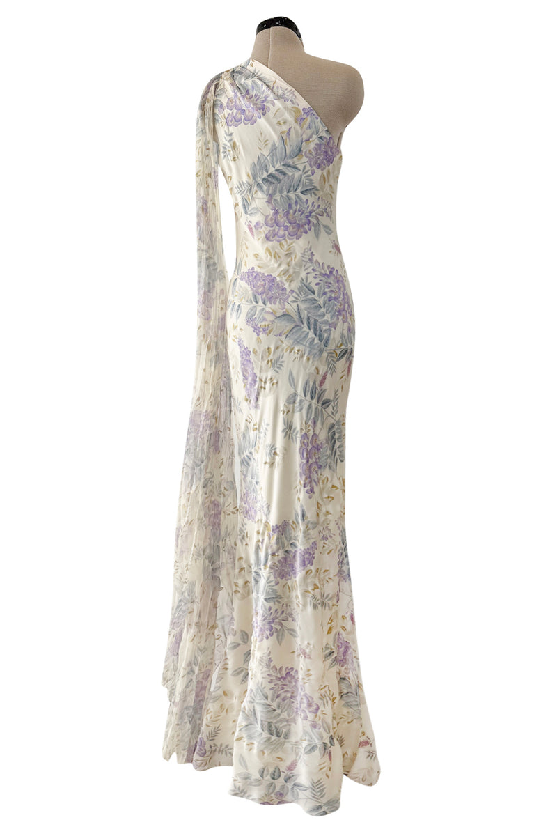 Gorgeous Fall 2003 Ungaro by Giambattista Valli One Shoulder Printed Silk Chiffon Dress w Trailing Panel