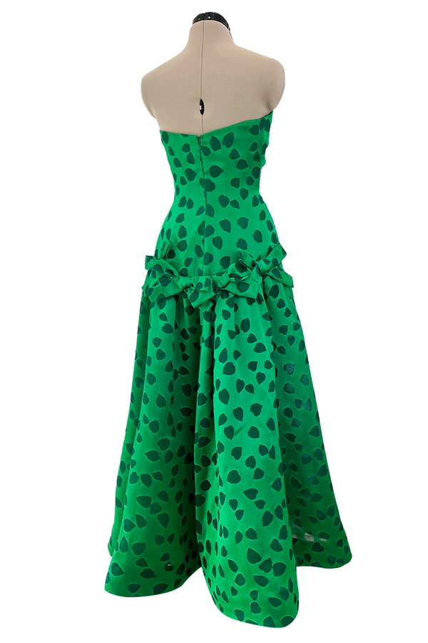 1980s Arnold Scaasi Brillaint Emerald Green Strapless Dress w Woven Heart Print & Bows
