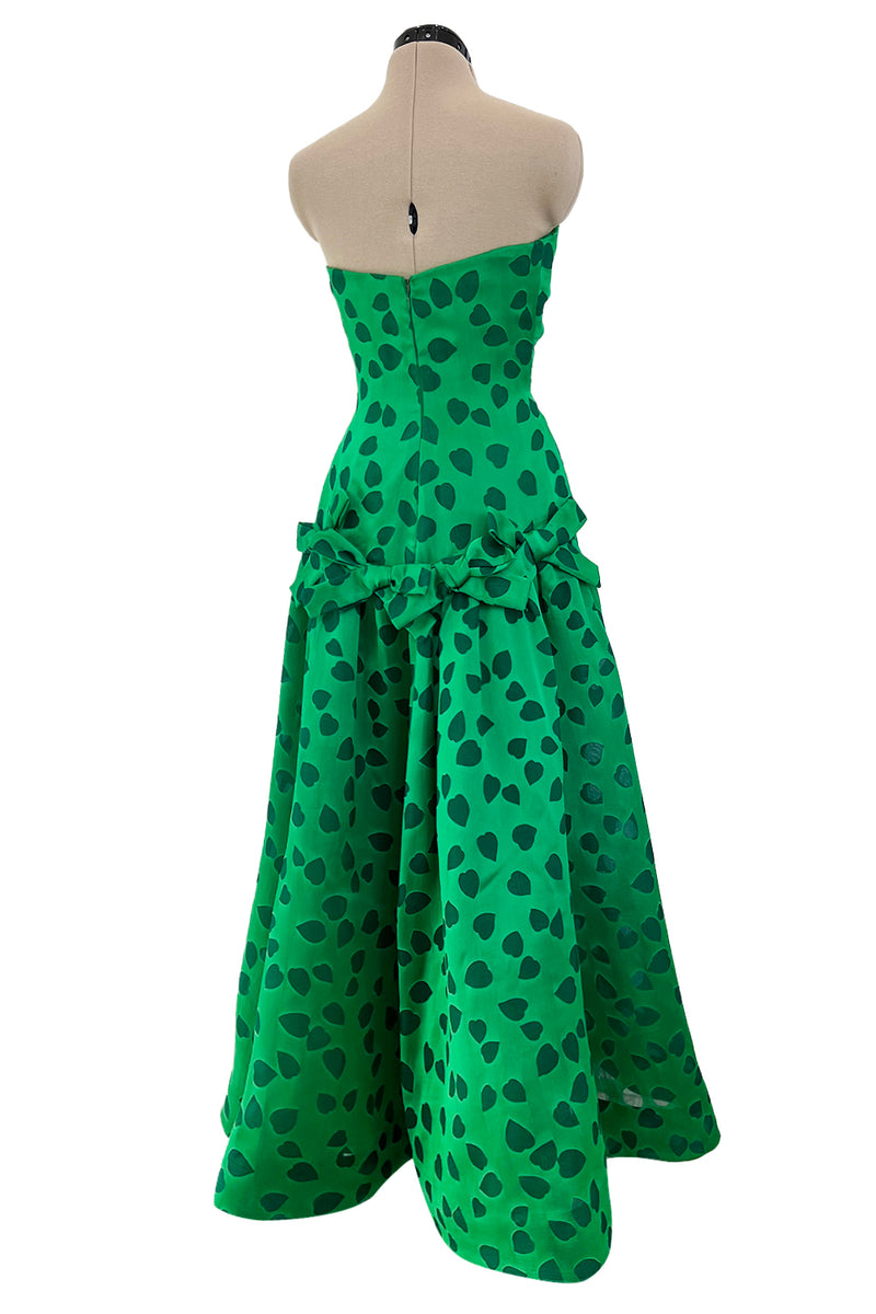 1980s Arnold Scaasi Brillaint Emerald Green Strapless Dress w Woven Heart Print & Bows