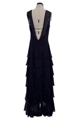 Spring 2001 Chanel by Karl Lagerfeld Midnight Blue Silk Chiffon Dress w Ruffles & Low Back