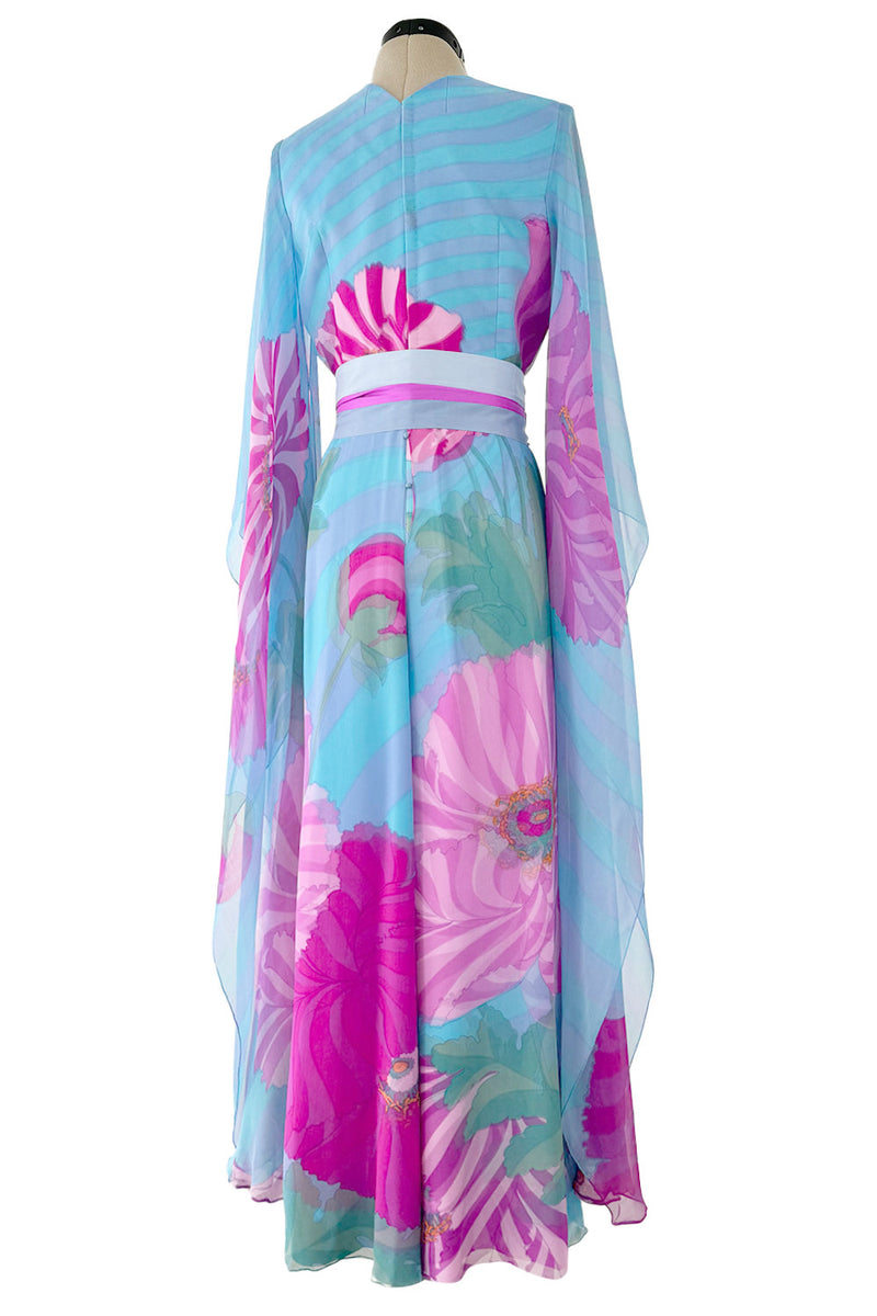 Dreamy c. 1969 Hanae Mori Couture Printed Silk Chiffon Jumpsuit w Floor Length Angel Sleeves