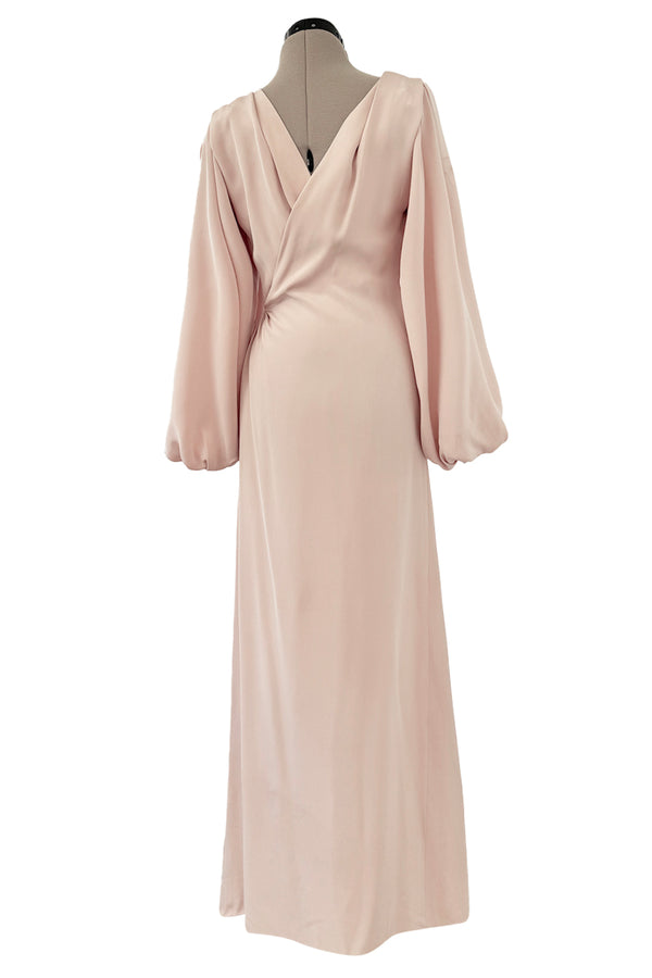 Prettiest Spring 1990 Yves Saint Laurent Pale Nude Pink Silk Plunge Runway Dress w Balloon Sleeves