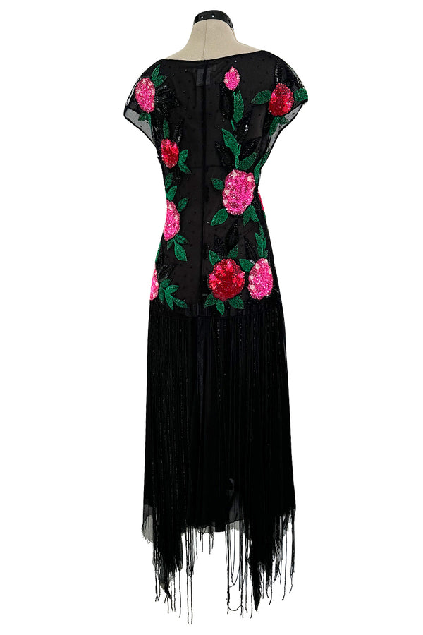 Dreamy Spring 2002 Blumarine Runway Black Silk Net & Chiffon Floral Sequin & Bead Dress