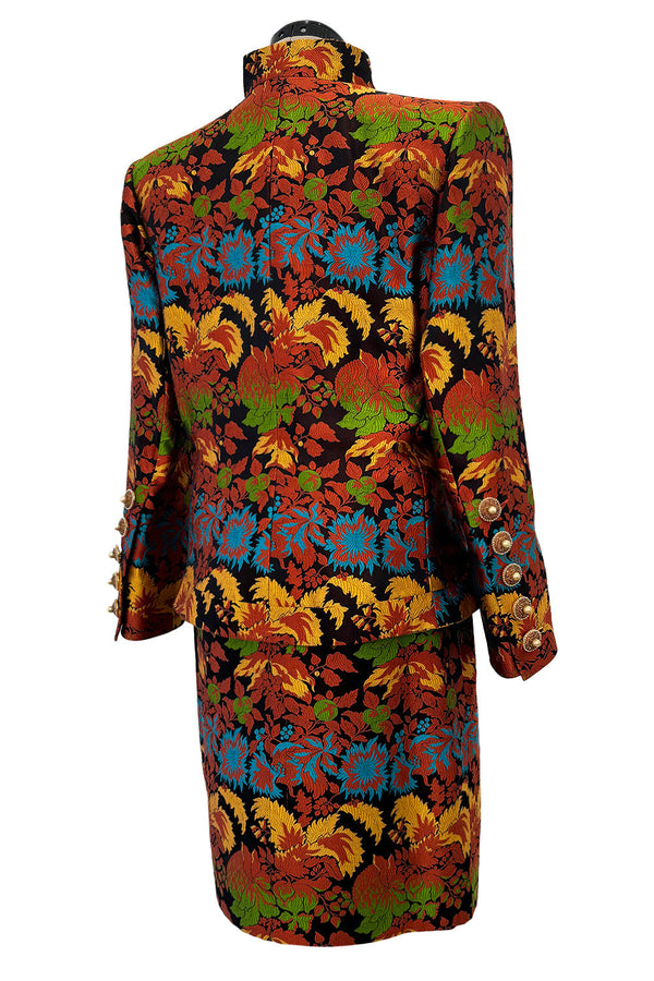 Spectacular Spring 1990 Yves Saint Laurent Haute Couture Silk Damask Runway Suit w Amazing Pearl Jewel Buttons