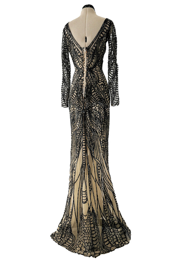 Fall 2014 Zuhair Murad Runway Look 44 Black Sequin & Tube Bead in Nude Netting Dress