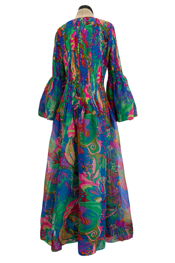 Important 1971 Pierre Cardin Couture Silk Organza Bell Sleeve Dress w Flat Pleated Bodice & Sleeves