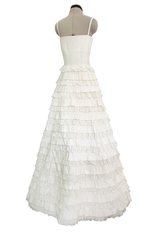 Dreamiest 2010s Valentino Off White Silk Wedding Dress w Tiered Ivory Lace & Ruffle Skirt