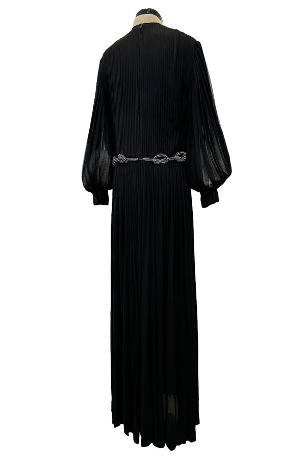 Gorgeous 1960s James Galanos Meticulously Pleated Black Silk Chiffon Dress w Elaborate Belt